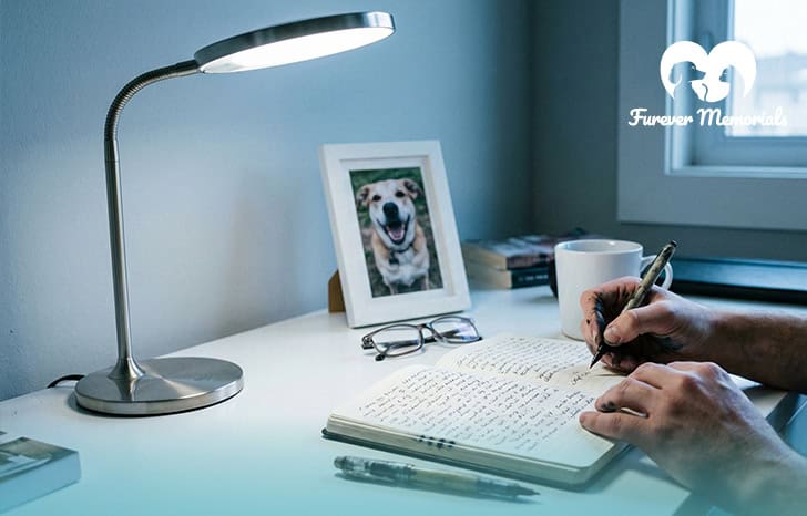 A person looking at a photo of their recently deceased dog and writing into a journal about their adventures together.