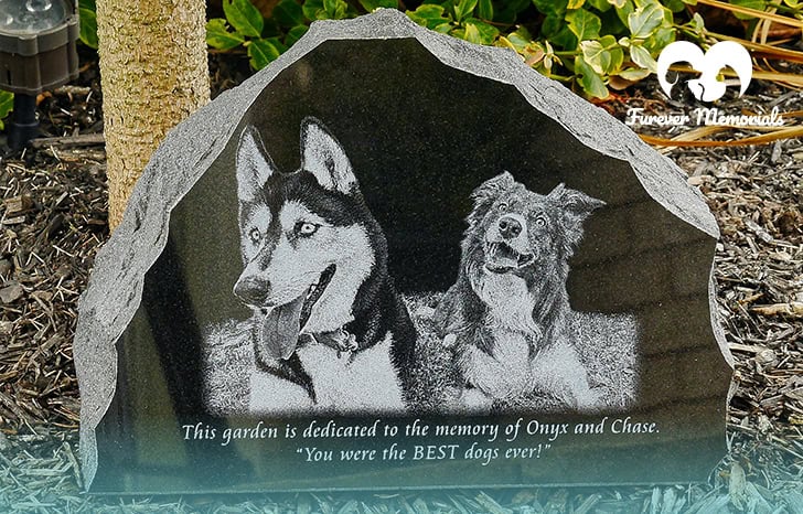 A beautifully engraved granite memorial of a siberian husky and a border collie, crafted by the owner of Furever Memorials.