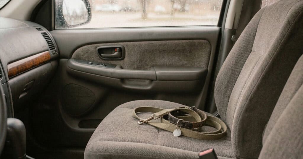Dog leash and collar resting on a car seat after a pet’s passing, symbolizing the quiet moment after saying goodbye.