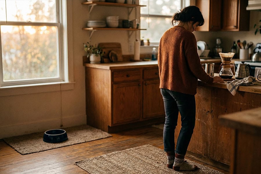 Person standing in a quiet kitchen with an empty dog bowl on the floor, reflecting a missing pet and disrupted daily routine.