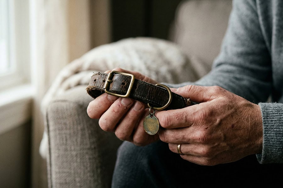 Close-up of hands holding an old dog collar with tag, symbolizing remembrance after losing a pet.
