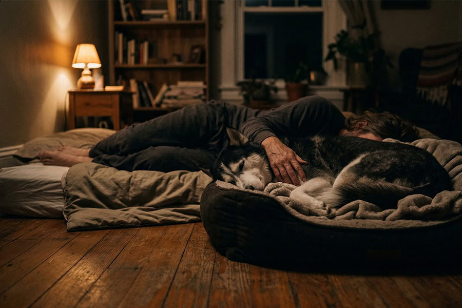 Person lying beside their dog on a bed in a quiet, dimly lit room, sharing a peaceful moment of companionship.