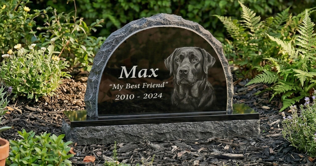 Engraved Labrador Retriever memorial headstone in a garden with custom dog portrait and inscription