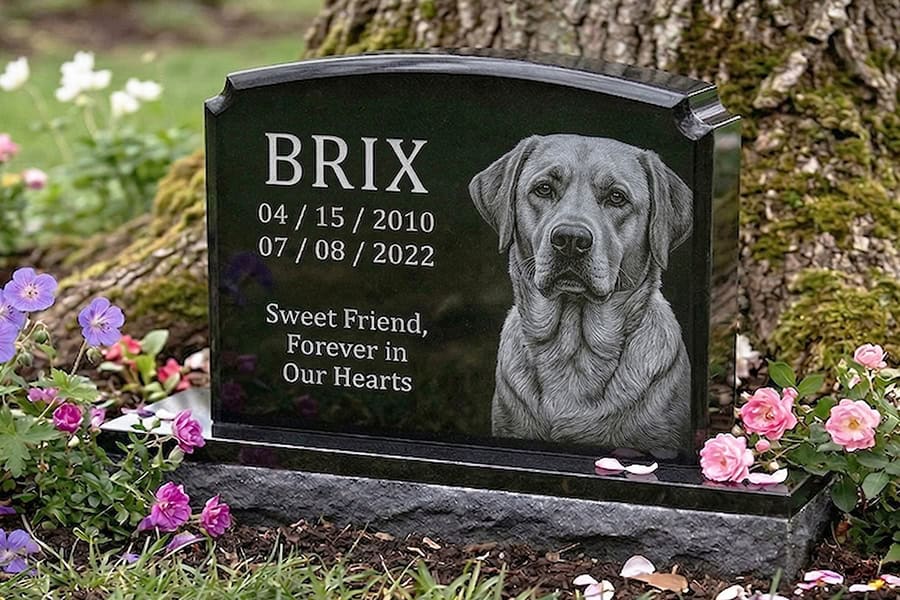Engraved Labrador Retriever memorial headstone with portrait in a garden setting with flowers