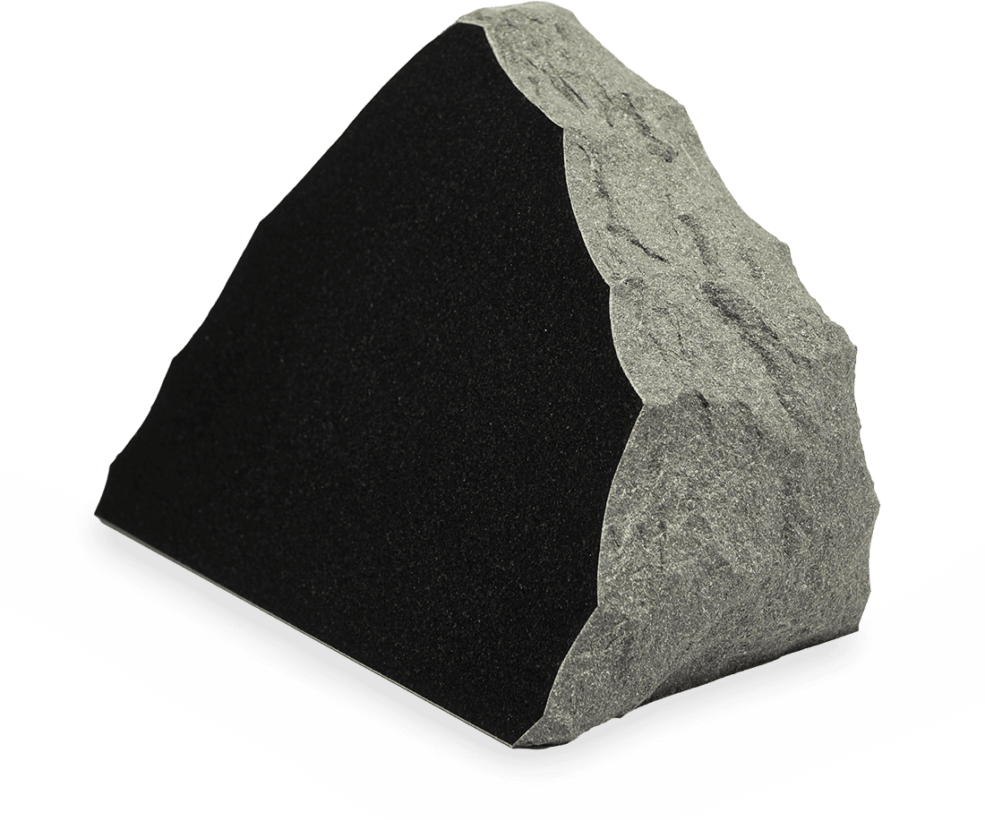 Angled view of black granite memorial stone showing polished surface and rough natural sides