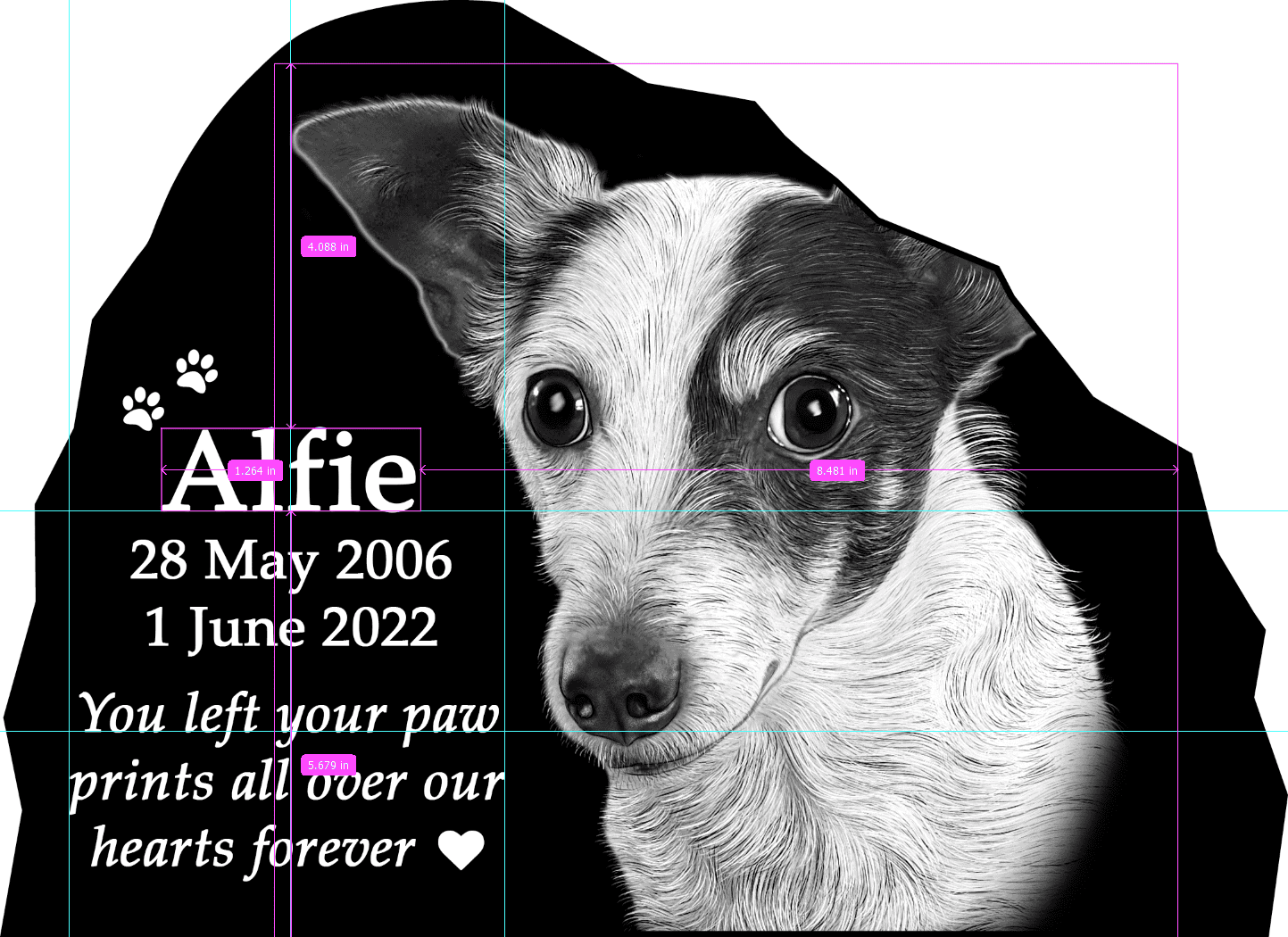 Custom Pet Memorial Engraving Layout Example – Dog Portrait on Granite Custom engraved rustic pet memorial with dog portrait, name Alfie, dates, and inscription layout on granite