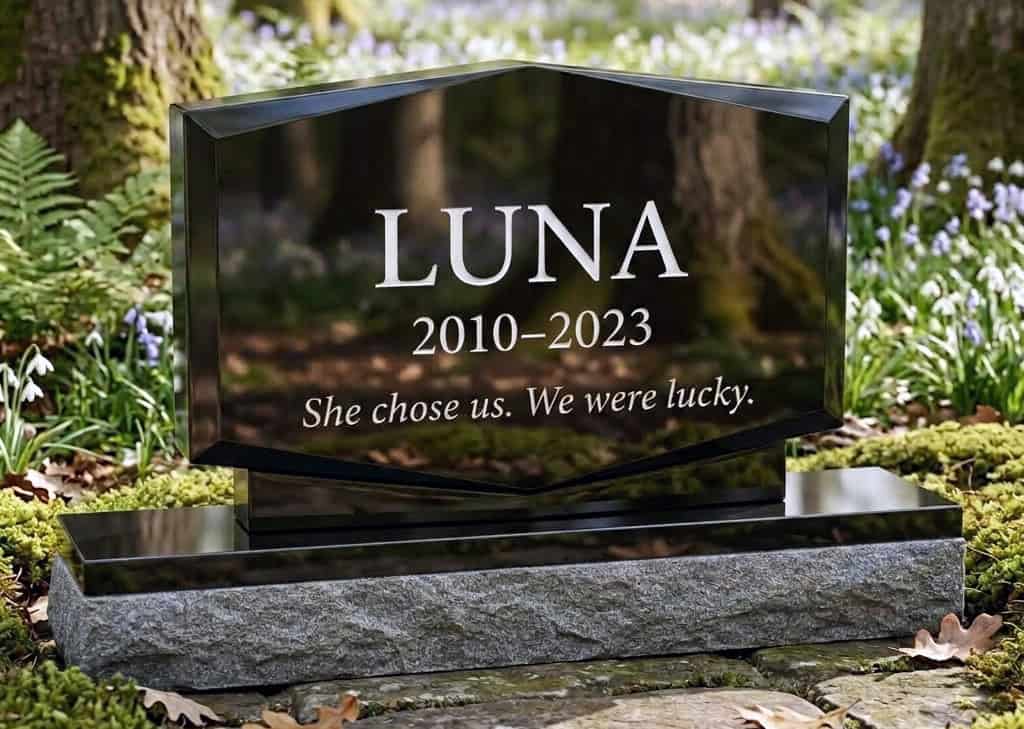 Polished black granite pet memorial for Luna, engraved with her name, dates 2010โ2023, and the inscription โShe chose us. We were lucky.โ