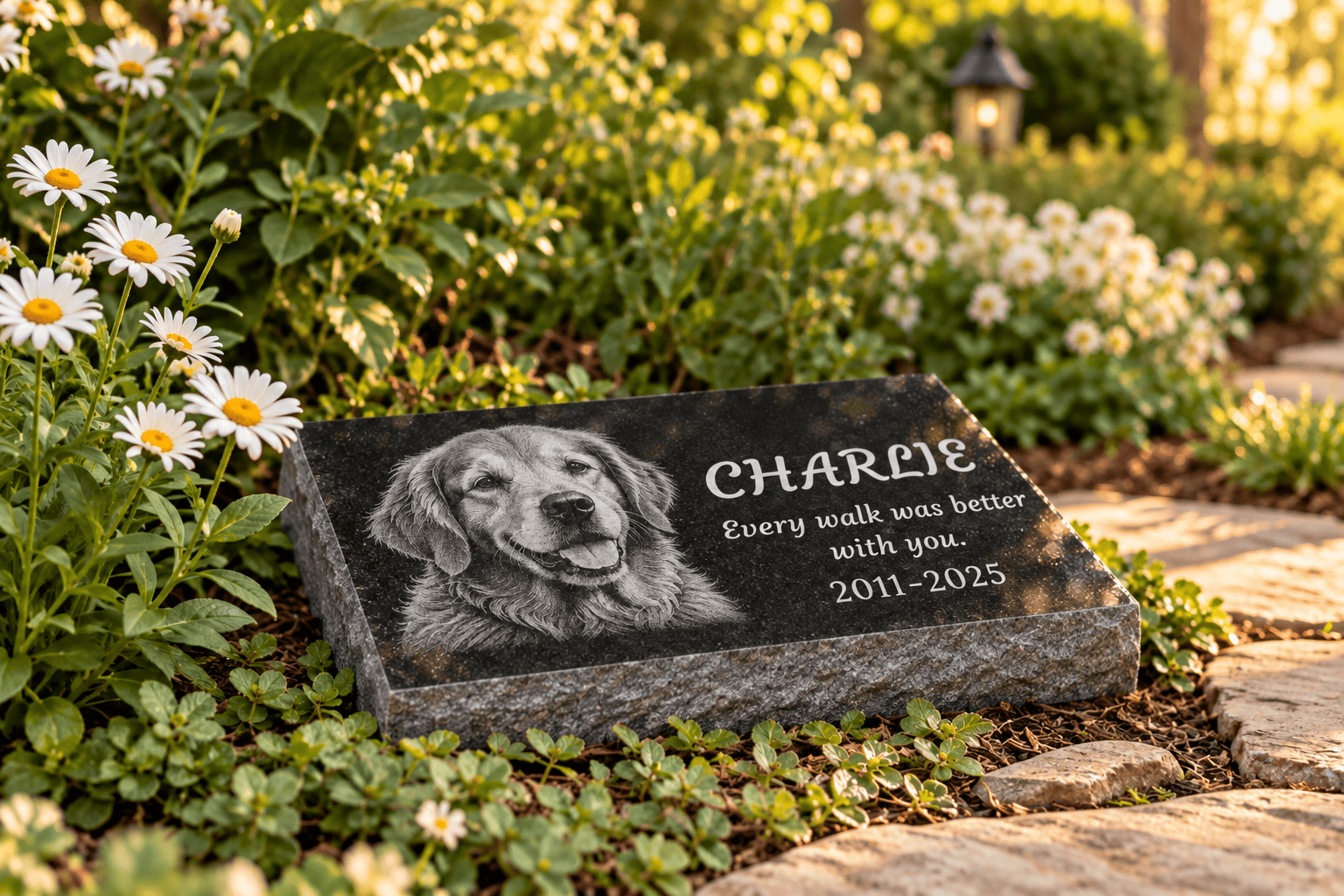Black granite memorial for Charlie with a golden retriever portrait and the epitaph “Every walk was better with you.” surrounded by daisies.