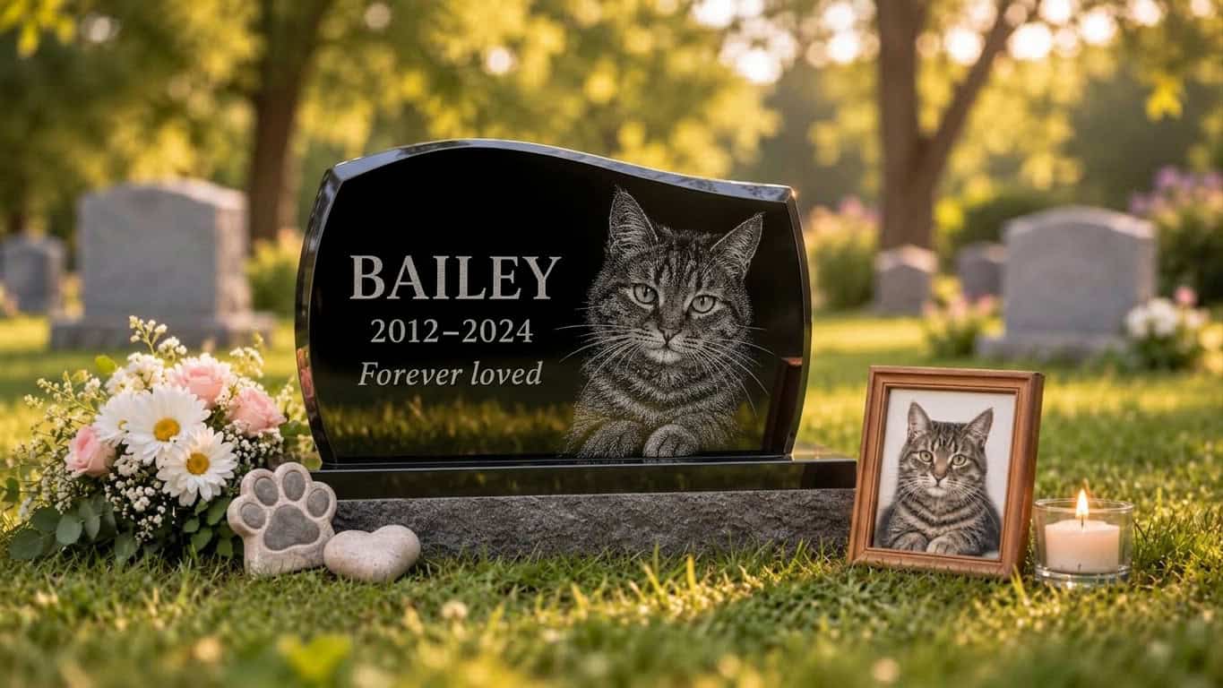 A polished black granite pet headstone by Furever Memorials demonstrating what to write on a memorial. The stone features a laser-engraved cat, the name 'BAILEY' in Optima font, dates, and the quote 'Forever loved,' surrounded by cemetery flowers.