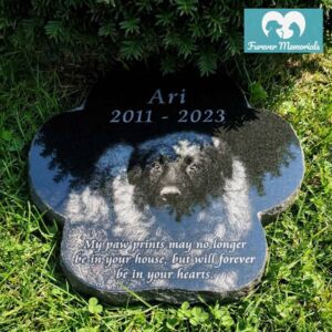 Black granite paw-shaped pet memorial engraved with a portrait of Ari the dog, including the inscription “Ari 2011–2023 My paw prints may no longer be in your house, but will forever be in your hearts,” placed on grass beneath a shrub.