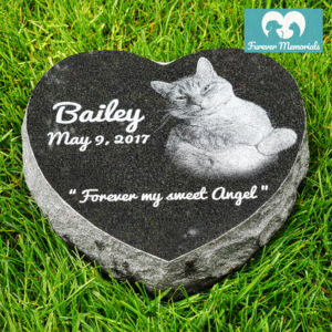 Black granite heart-shaped pet memorial stone engraved with a portrait of Bailey the cat, featuring Bailey’s name, the date May 9, 2017, and the inscription “Forever my sweet Angel,” placed in a grassy garden setting.