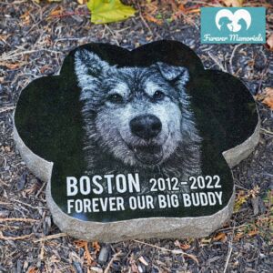 Black granite paw-shaped pet memorial stone engraved with a portrait of Boston the dog, including the dates 2012–2022 and the inscription “Forever our big buddy,” placed in a garden bed.