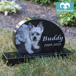 Black granite oval pet memorial headstone engraved with a detailed portrait of Buddy the dog, including the dates 2009–2022, displayed on a polished base in a garden setting.