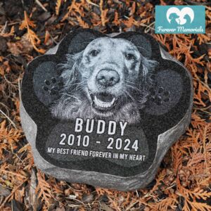 Black granite paw-shaped pet memorial engraved with a portrait of Buddy the dog and the inscription “Buddy 2010–2024 – My Best Friend Forever in My Heart.”