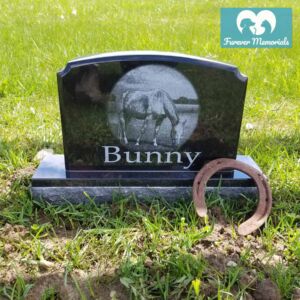 Black granite upright pet memorial headstone engraved with a portrait of Bunny the horse, placed in grass with a horseshoe beside the stone.