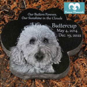 Black granite paw-shaped pet memorial engraved with a portrait of Buttercup the dog and the inscription “Buttercup May 4, 2014 – Dec. 19, 2022.”