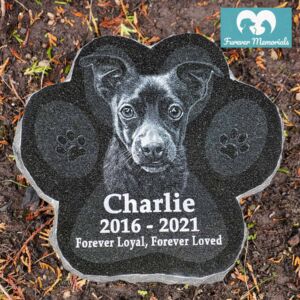 Black granite paw-shaped pet memorial engraved with a portrait of Charlie the dog, including the inscription “Forever Loyal, Forever Loved” and the dates 2016–2021.