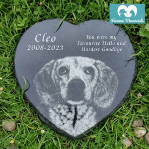 Heart-shaped black granite pet memorial engraved with a portrait of Cleo the dog, including the inscription “Cleo 2008–2023 You were my favourite hello and hardest goodbye,” placed on green grass.