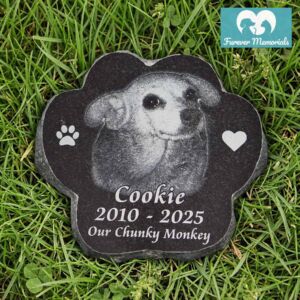 Black granite paw-shaped pet memorial engraved with a smiling small dog portrait and the name Cookie (2010–2025), resting in grass with paw print and heart symbols.