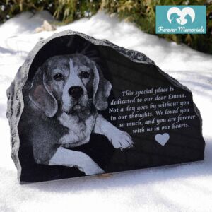 Rustic black granite pet memorial stone engraved with a portrait of Emma the Beagle and a heartfelt dedication inscription, placed outdoors in a snowy garden setting.