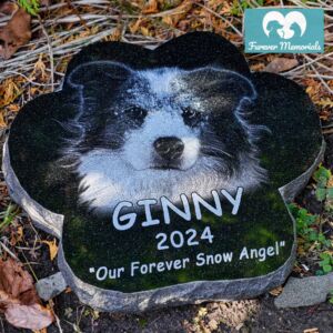 Black granite paw-shaped pet memorial engraved with a portrait of Ginny the dog and the inscription “Ginny 2024 – Our Forever Snow Angel.”