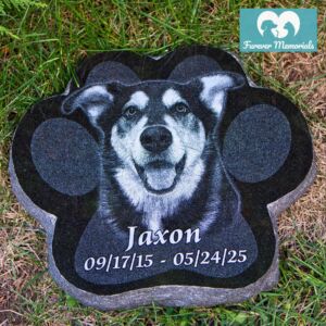 Black granite paw-shaped pet memorial for Jaxon engraved with a detailed portrait of a smiling black and tan dog, placed naturally in grass as a garden grave marker.
