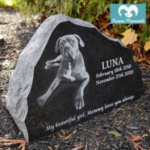 Rustic black granite pet memorial engraved with a portrait of Luna the dog, including her name and dates February 18, 2018 – November 27, 2020, displayed in a garden setting.