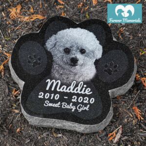 Paw-shaped black granite pet memorial engraved with a portrait of Maddie the dog, including the inscription “Sweet Baby Girl” and the dates 2010–2020, placed in a garden bed.