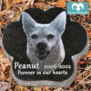Black granite paw-shaped pet memorial engraved with a portrait of Peanut the dog, including the inscription “Peanut 2006–2022 Forever in our hearts,” placed in a garden bed with fallen leaves.